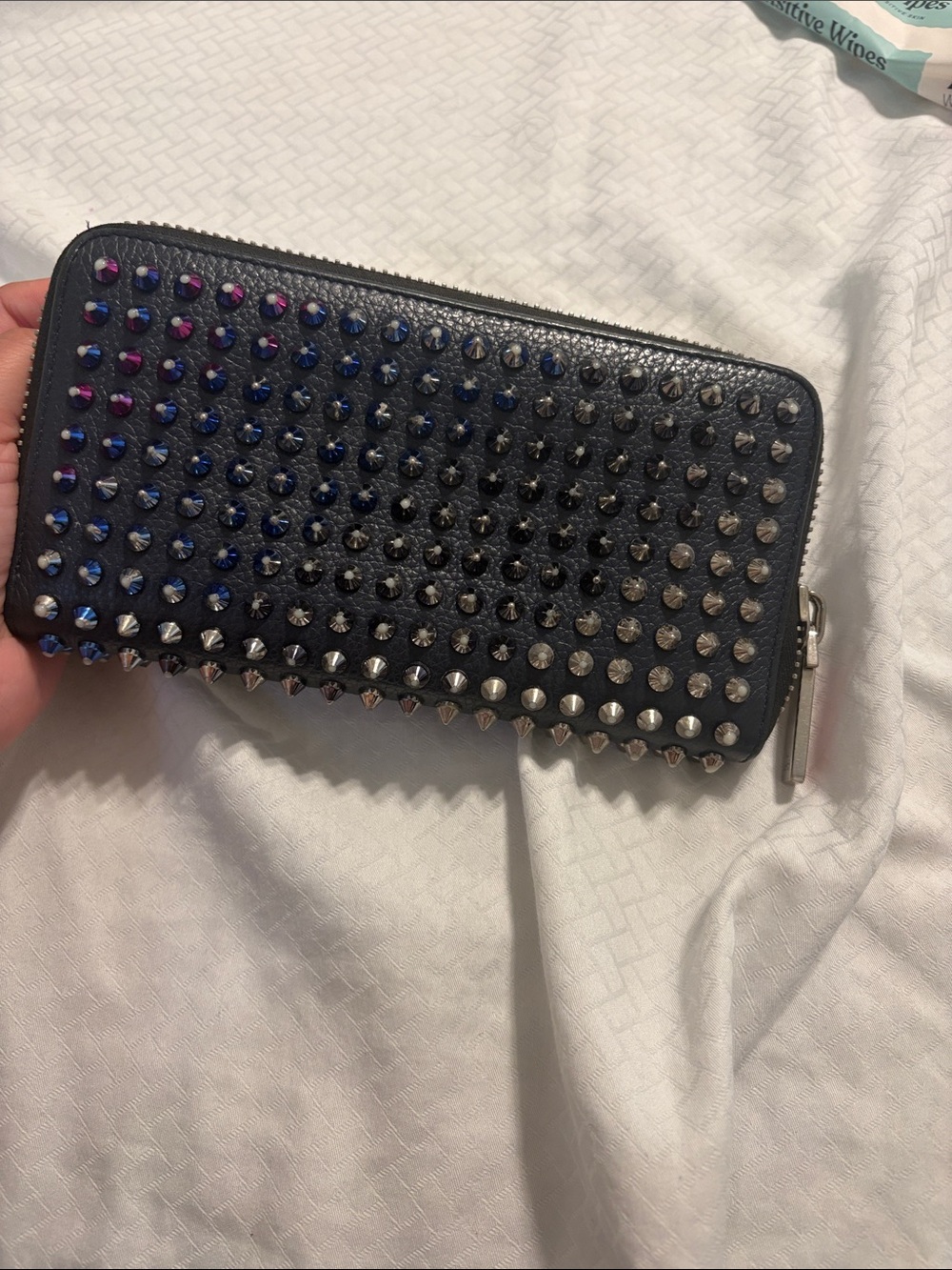 Christian Louboutin Blue Spike Zip Around Wallet with Iridescent Accents